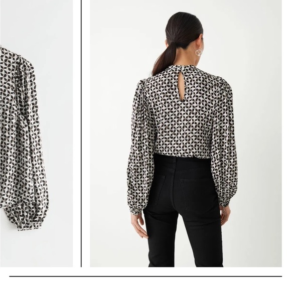 OTHER STORIES Chain Printed Long Sleeve Blouse Balloon Sleeves 8 Black White - Picture 3 of 16
